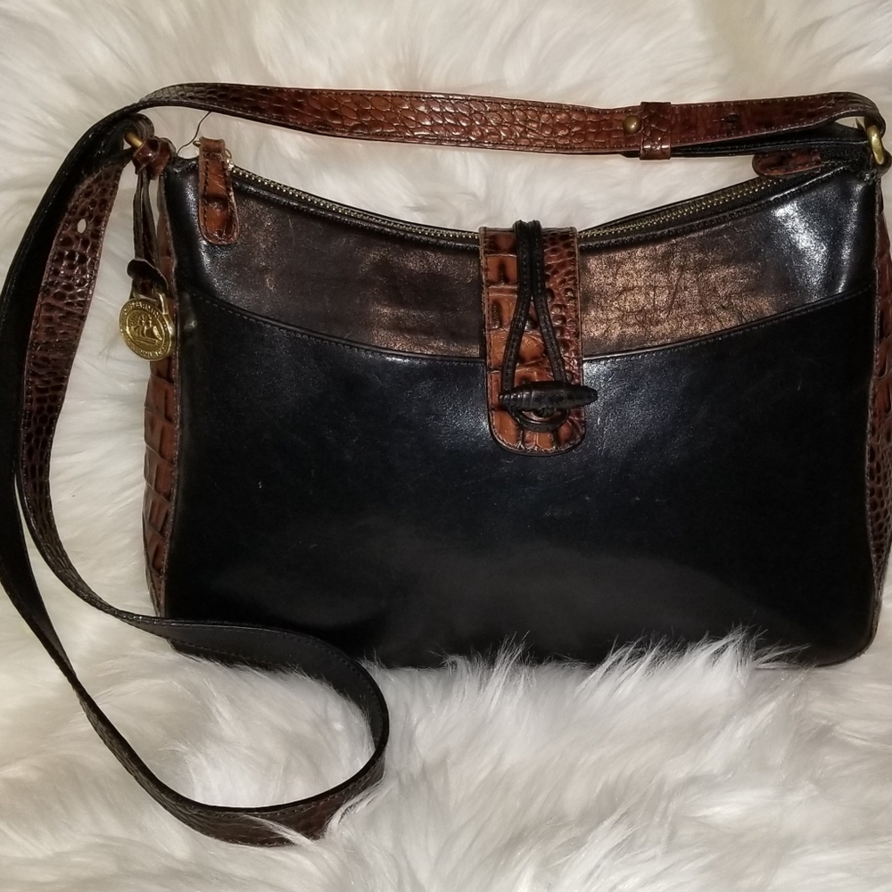 Vintage BRAHMIN Black Brown Crocodile Print Leather Womens ShouldePurse Handbag
